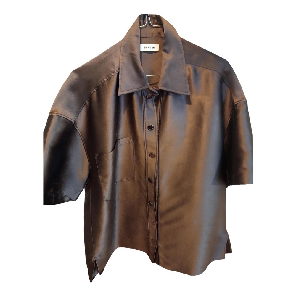 Sandro Chocolate Satin Button-Up Shirt